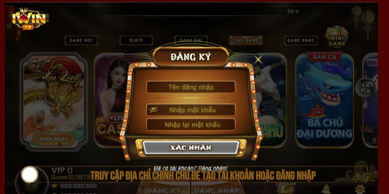 Truy cập vào trang chủ để đăng nhập hoặc tạo tài khoản IWIN 